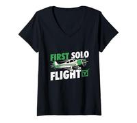 Mujer Primer Vuelo en Solitario - Piloto de aviación de aviación Amante de los Aviones Camiseta Cuello V