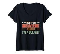 Mujer Primero de Todo Jesús Piensa Que Soy una Delicia Vintage Retro Divertido Camiseta Cuello V