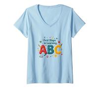 Mujer Primeros Pasos para Aprender ABC Camiseta Cuello V, Azul Bebé, L
