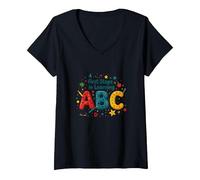 Mujer Primeros Pasos para Aprender ABC Camiseta Cuello V, Negro, XL