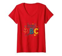 Mujer Primeros Pasos para Aprender ABC Camiseta Cuello V, Rojo, XXL