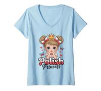 Mujer Princesa polaca Linda niña Corona Lazo corazón Mariposas diseño Camiseta Cuello V