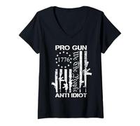 Mujer Pro Gun Anti Idiot - 2da Enmienda Pro Gun Rights USA Flag Camiseta Cuello V
