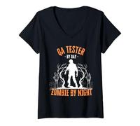 Mujer Probador de Control de Calidad por día Zombie por la Noche Divertido Halloween Espeluznante Camiseta Cuello V