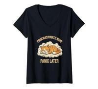 Mujer Procrastinate Ahora, entra en pánico más Tarde, Gato durmiendo, Gracioso Gatito Camiseta Cuello V