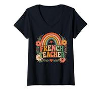 Mujer Profesor de Francés Retro Rainbow Idioma Educador Diseño Camiseta Cuello V