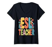 Mujer Profesor de inglés como Segundo Idioma: Groovy Floral Retro Camiseta Cuello V