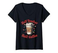 Mujer Profesor de Navidad Amante del Café Escuela Festivo Camiseta Cuello V