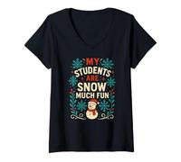 Mujer Profesor de Navidad Nieve Mucho Diversión Linda Mujer Escuela Camiseta Cuello V