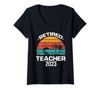 Mujer Profesor Retirado 2023 Atardecer Vacaciones Palmera Camiseta Cuello V