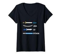 Mujer Programador Arma Diciendo Plus Plus Java Sharp Python Camiseta Cuello V