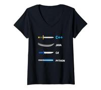 Mujer Programador Arma Diciendo Plus Plus Java Sharp Python Camiseta Cuello V