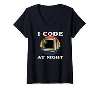 Mujer Programmer Retro Computer I Code At Night Camiseta Cuello V