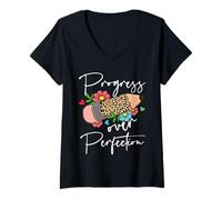 Mujer Progreso sobre la perfección Lápiz Leopardo Maestro Motivacional Camiseta Cuello V
