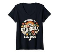 Mujer Promocionado a la Abuela 2026 Retro Groovy First Time Nana Floral Camiseta Cuello V