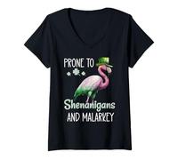 Mujer Prone to Shenanigans and Malarkey Sign St Patricks Flamingo Camiseta Cuello V