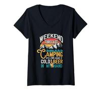 Mujer Pronóstico de Fin de Semana 100% Probabilidad Cerveza En Mi Mano Camping Camiseta Cuello V