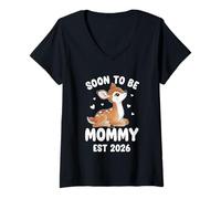 Mujer Pronto para ser mamá 2026 Reno Lindo Anuncio de Embarazo Camiseta Cuello V