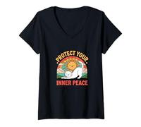 Mujer Protege tu diseño de Sol de Gato de Paz Interior Camiseta Cuello V