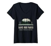 Mujer Proteger al Oso Salvar Nuestros Parques Resistir Parque Nacional Camiseta Cuello V