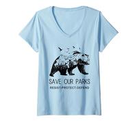 Mujer Proteger al Oso Salvar Nuestros Parques Resistir Parque Nacional Camiseta Cuello V