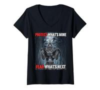 Mujer Proteger lo Que es mío Miedo Qué Sigue Funny Alpha Wolf Meme Camiseta Cuello V
