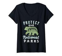 Mujer Proteger Nuestros Parques Nacionales Bear USA Naturaleza Senderismo Camiseta Cuello V