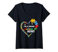 Mujer Proud Autism Aunt Puzzle Heart Awareness Support Camiseta Cuello V