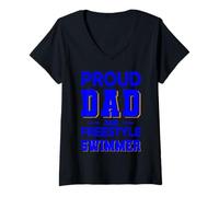 Mujer Proud Dad Freestyle Swimmer Design Azul Oscuro Completo Camiseta Cuello V