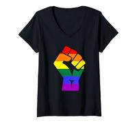 Mujer Proud Raised Fist in Rainbow Colors Lesbian Gay Rights Camiseta Cuello V