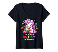 Mujer Proud Sister Autism Awareness Unicorn Puzzle Piece Girls Camiseta Cuello V
