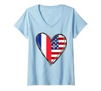 Mujer Proud To Be French American Cool France - Impresión de corazón con la Bandera de Estados Unidos Camiseta Cuello V