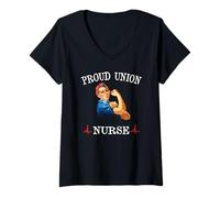 Mujer Proud Union Nurse Safe Staffing Saves Night Shift RN ER ICU Camiseta Cuello V