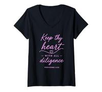 Mujer Proverbios 4:23 Keep Thy Heart with All Diligence Versículo de la Biblia Camiseta Cuello V
