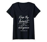 Mujer Proverbios 4:23 Keep Thy Heart with All Diligence Versículo de la Biblia Camiseta Cuello V