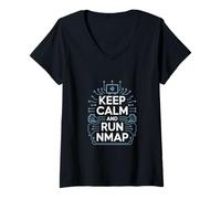 Mujer Pruebas de penetración "MANTENER LA CALMA Y EJECUTAR NMAP" Cultura de hackers Camiseta Cuello V