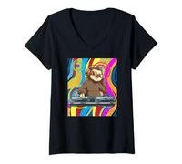 Mujer Psicodélico DJ Sloth Techno EDM Música Dance Camiseta Cuello V