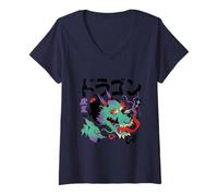 Mujer Psicodélico Japonés Dragón Arte Vibrante Monstruo Asiático Camiseta Cuello V