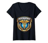 Mujer Psiquiatra Psiquiatría Médico Médico Caduceo Insignia MD Camiseta Cuello V