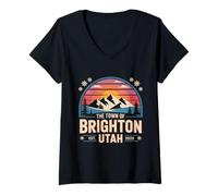 Mujer Pueblo de Brighton Utah Big Cottonwood Vintage Invierno Puesta de Sol Camiseta Cuello V