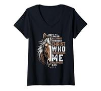 Mujer Puedo Hacer Todas Las Cosas a través de Christ Horse Inspirational Camiseta Cuello V