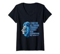 Mujer Puedo Hacer Todas Las Cosas a través de Cristo León Filipenses 4:13 Camiseta Cuello V