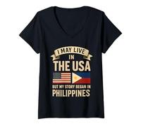 Mujer Puedo vivir en los Estados Unidos, pero mi historia comenzó en Filipinas Camiseta Cuello V