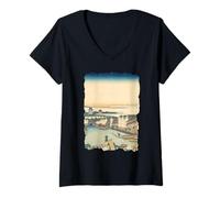 Mujer Puente Nihonbashi en Edo Hokusai Vintage Retro Arte Japonés Camiseta Cuello V