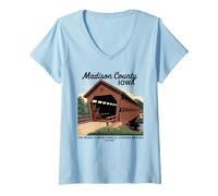 Mujer Puentes cubiertos estilo póster vintage Madison County Iowa Camiseta Cuello V
