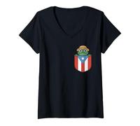 Mujer Puerto Rico Pocket Frog Straw Hat Coqui Cute Flag Pride Camiseta Cuello V