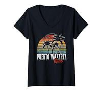 Mujer Puerto Vallarta México Palmeras Bandera Mexicana Souvenir Camiseta Cuello V