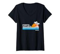 Mujer Puerto Vallarta México Vacaciones Tropicales Vintage 80s Atardecer Camiseta Cuello V