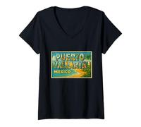 Mujer Puerto Vallarta México Vintage Travel Souvenir Art Graphic Camiseta Cuello V