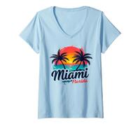 Mujer Puesta de Sol en Miami, Florida: Palm Tree Beach Coastal Vibes Camiseta Cuello V